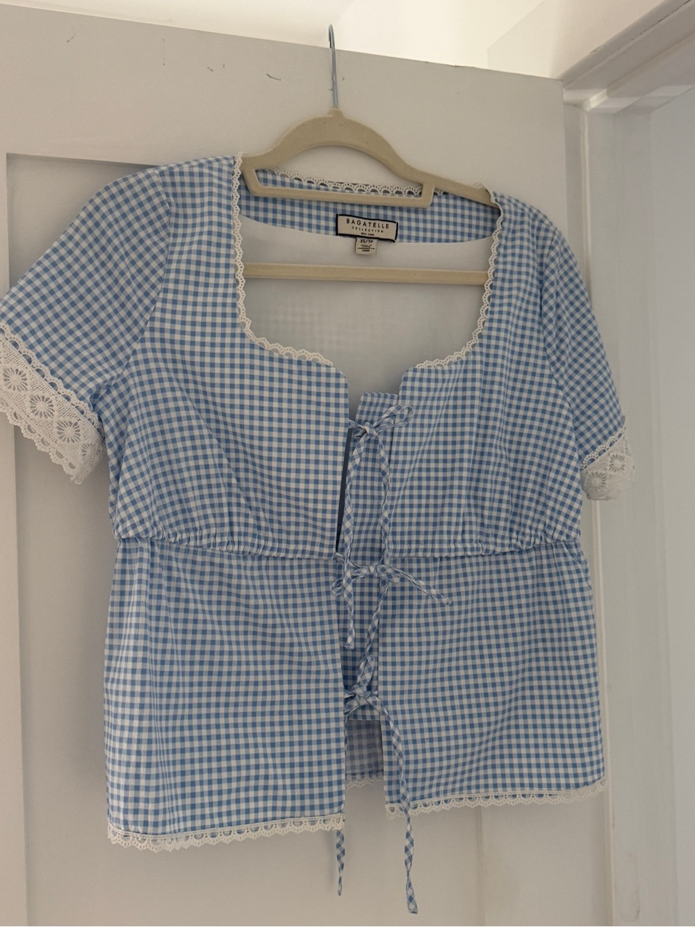 bagatelle Light Blue Gingham Lace-Trim Tie-Front Blouse